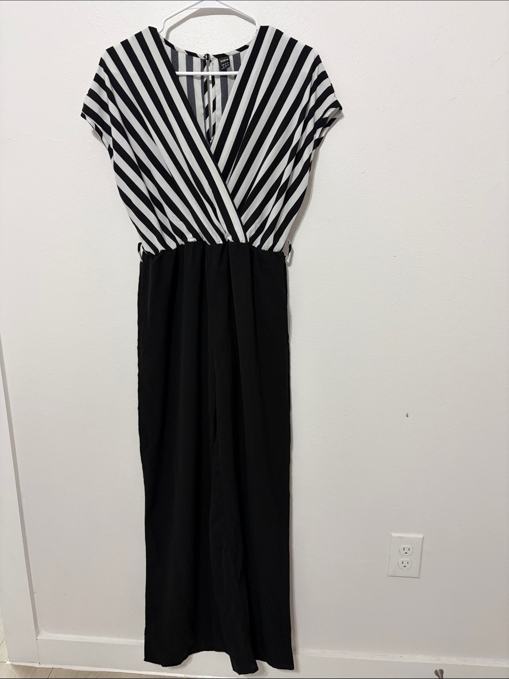 SHEIN Black and White Striped Surplice Jumpsuit